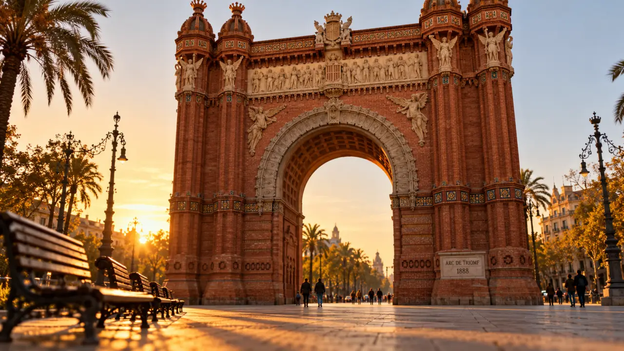 Arco de triunfo Barcelona al atardecer, vista desde Passeig de Lluís Companys