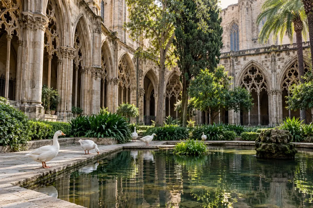 Claustro de la Catedral de Barcelona con las ocas blancas