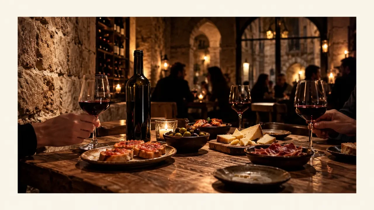 Ambiente de La Vinateria del Call en Barcelona con tapas y vinos españoles en un espacio de piedra
