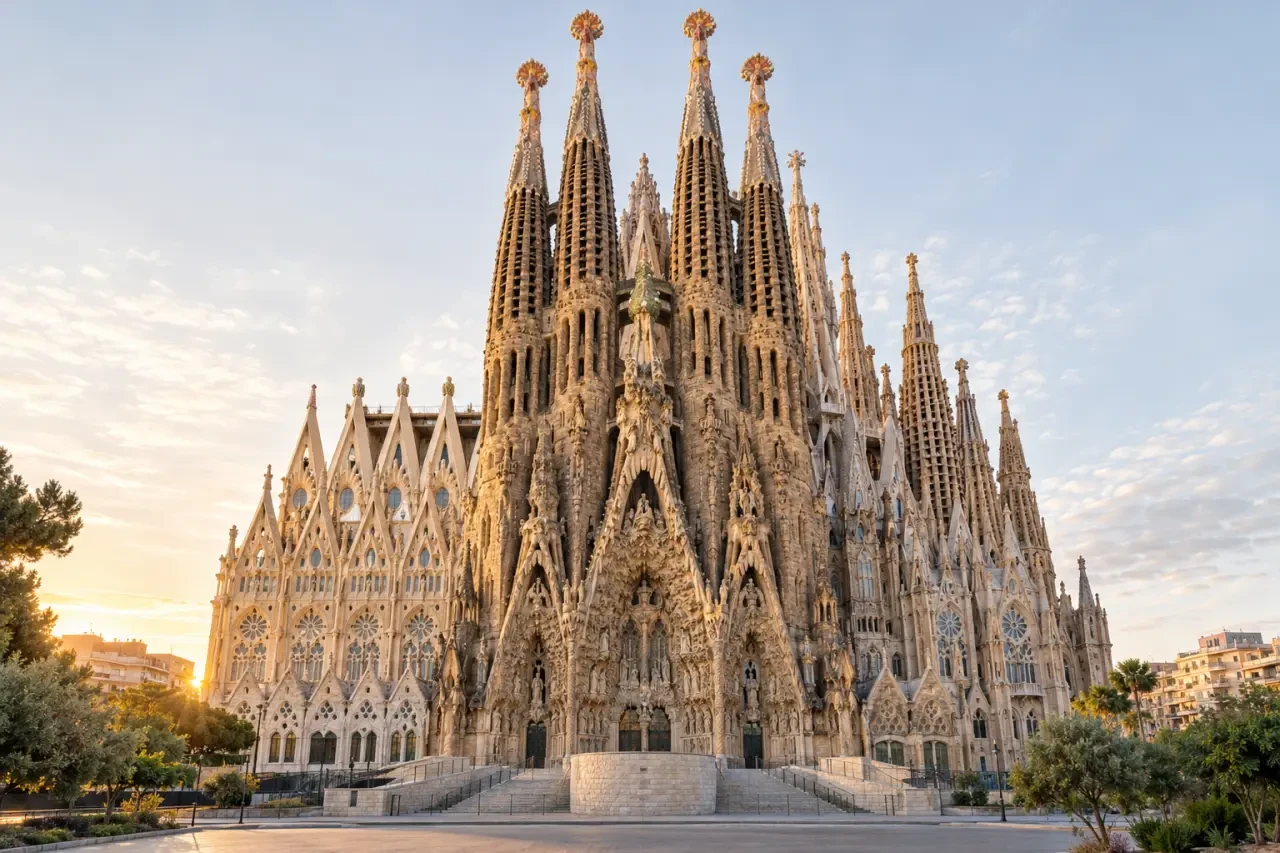 Basílica de la Sagrada Familia en Barcelona con sus torres y fachadas