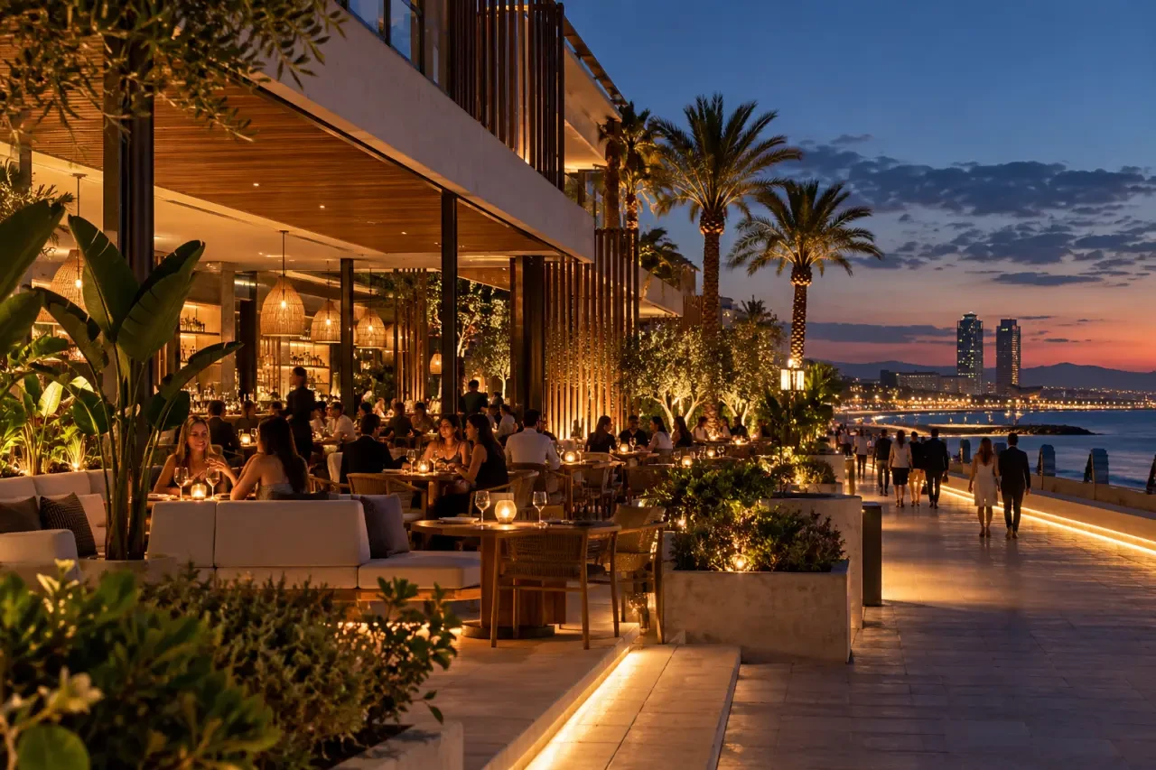 Shôko Barcelona frente al mar con terraza y ambiente nocturno