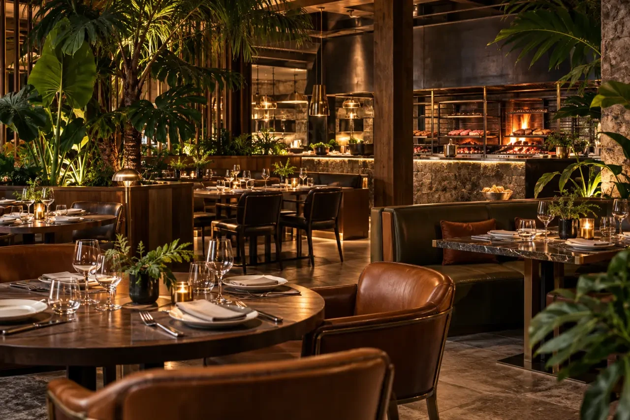 Ambiente de La Selva Barcelona Còrsega con sala de inspiración selvática y parrilla