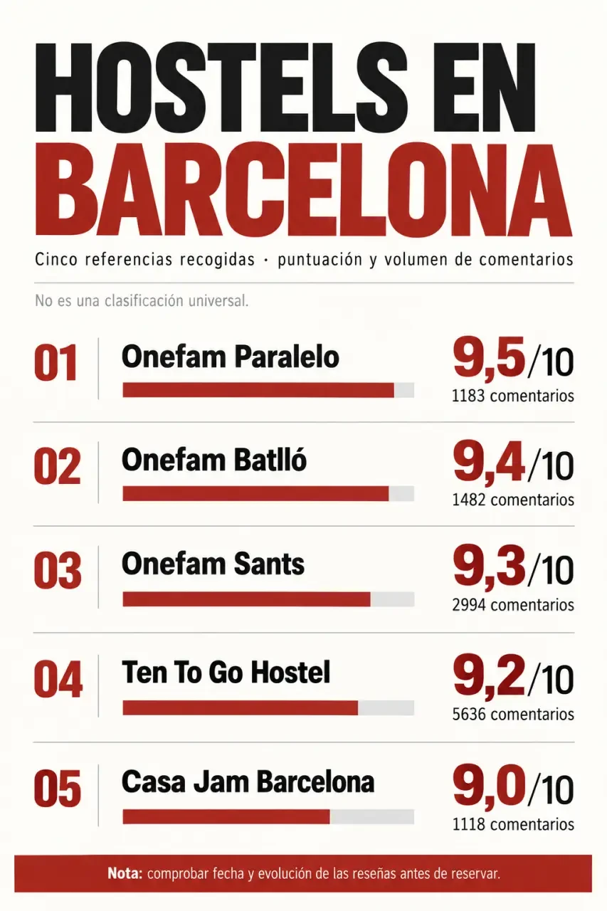 Hostel Barcelona: comparación visual de puntuaciones y opiniones de cinco alojamientos