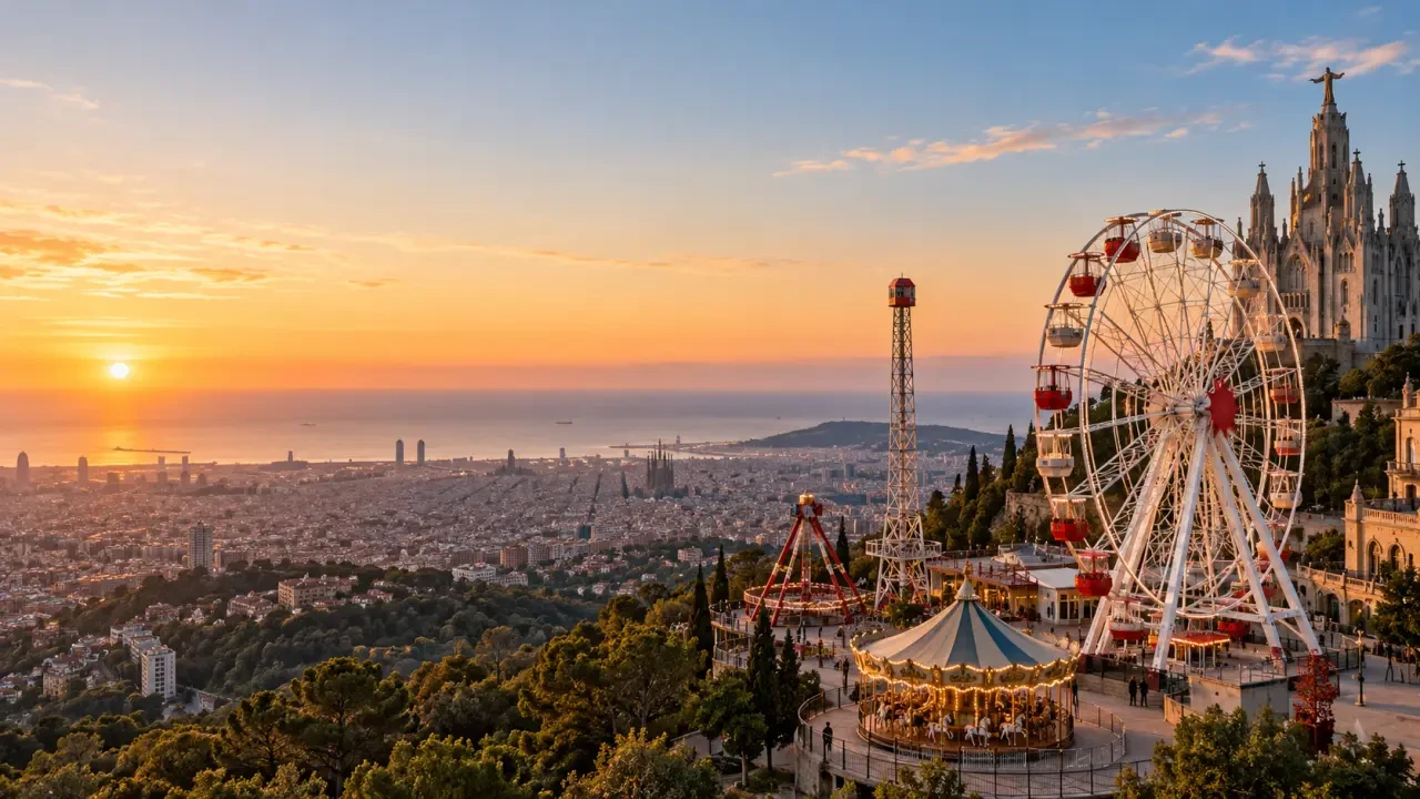 Tibidabo theme park Barcelona con sus atracciones y vistas panorámicas de la ciudad