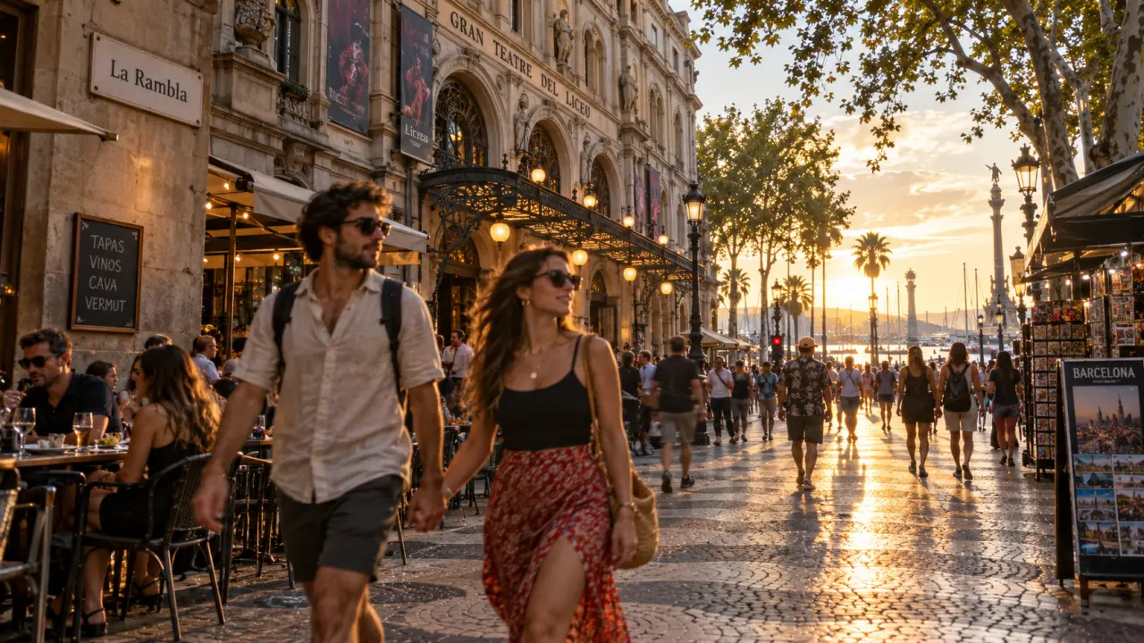 La rambla barcelona, paseo hacia el puerto junto al Liceu
