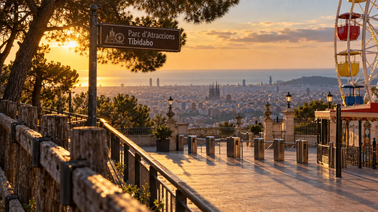 Tibidabo theme park barcelona: área panorámica y skyline