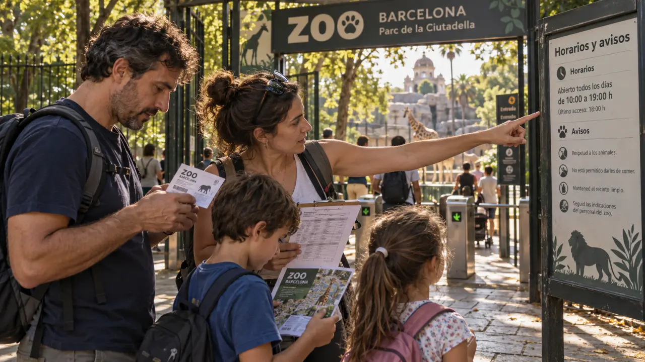 Zoo barcelona: horarios y avisos en la entrada, tickets y cartel
